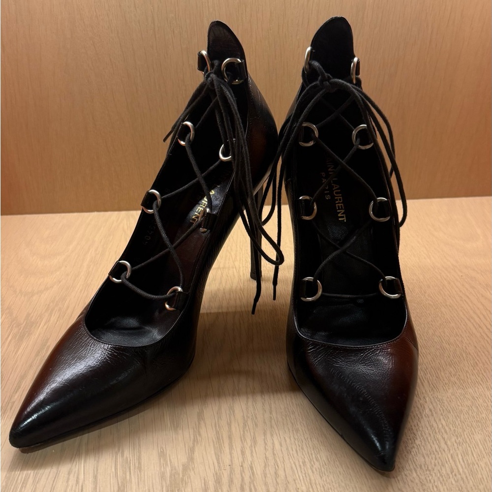 Saint Laurent Black Leather Thorn Lace Up Pointed Toe Pumps Size 38